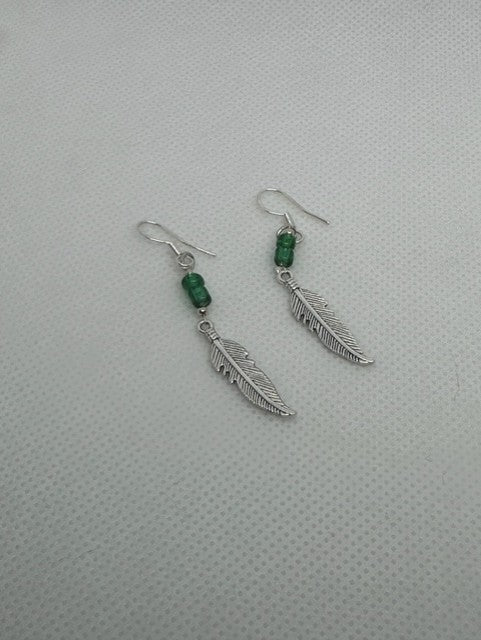 Green Beaded Feather Earring with silver 925 backs